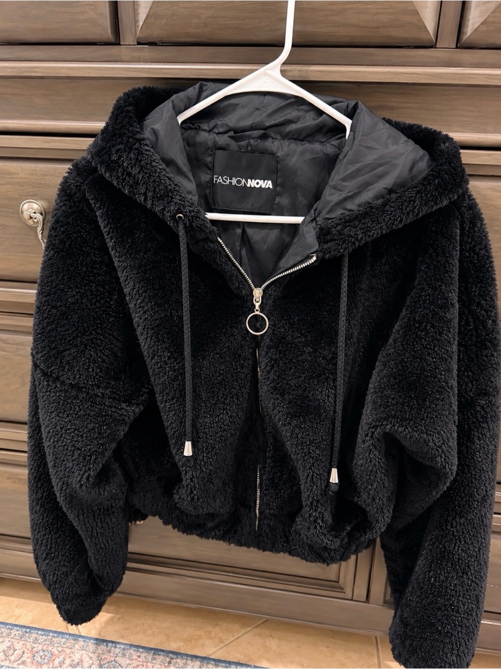Fashion Nova Black Plush Teddy Hoodie Jacket with Ring-Zip